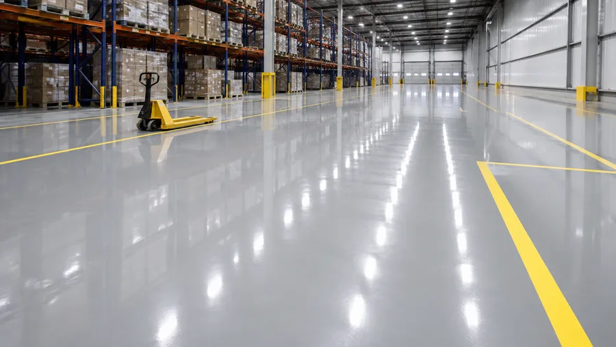 Bright warehouse bay with light gray high-gloss epoxy floor and fresh safety-yellow demarcation lines