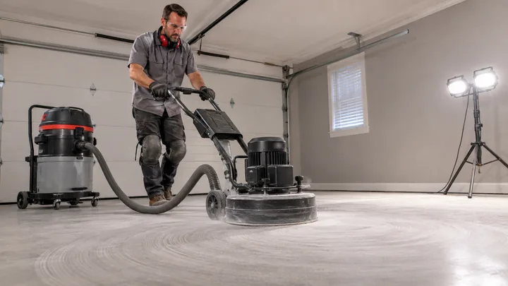 Planetary diamond grinder with dust extraction preparing a concrete floor