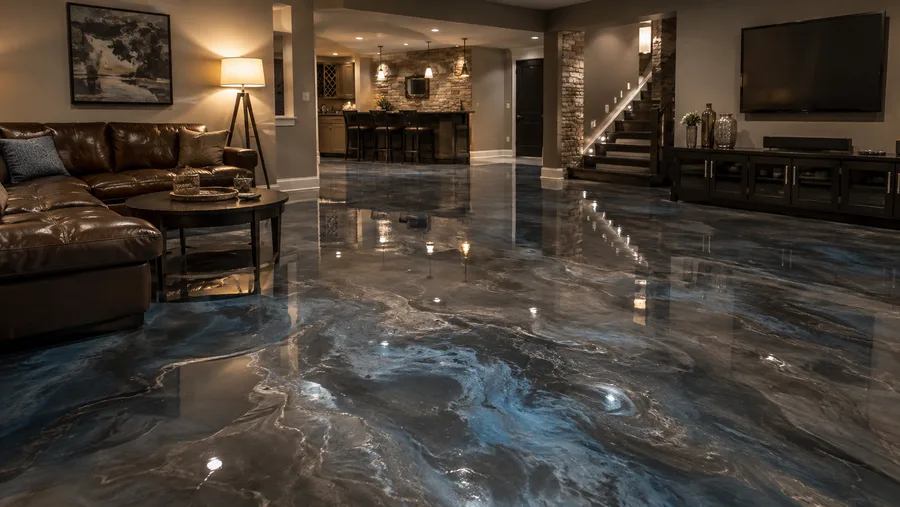 Finished basement rec room with a pewter and deep blue metallic epoxy floor reflecting a floor lamp
