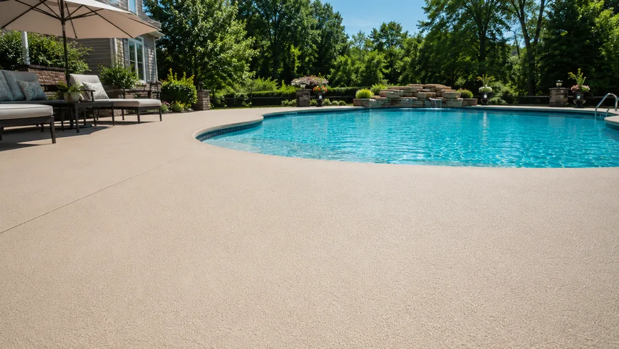 Backyard pool deck finished in a sandstone-tone textured coating beside sparkling pool water
